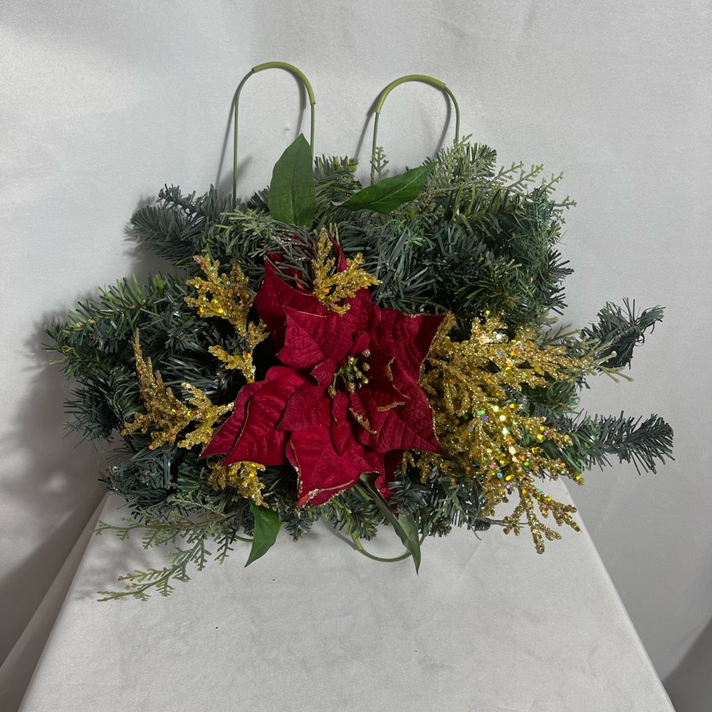 Christmas Wall Swag with Red Poinsettia & Gold Glitter Picks on Green Frame